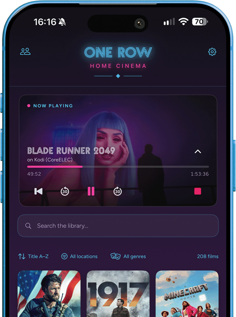 One Row Home Cinema app on an iPhone, showing the media player controls when playing a film.